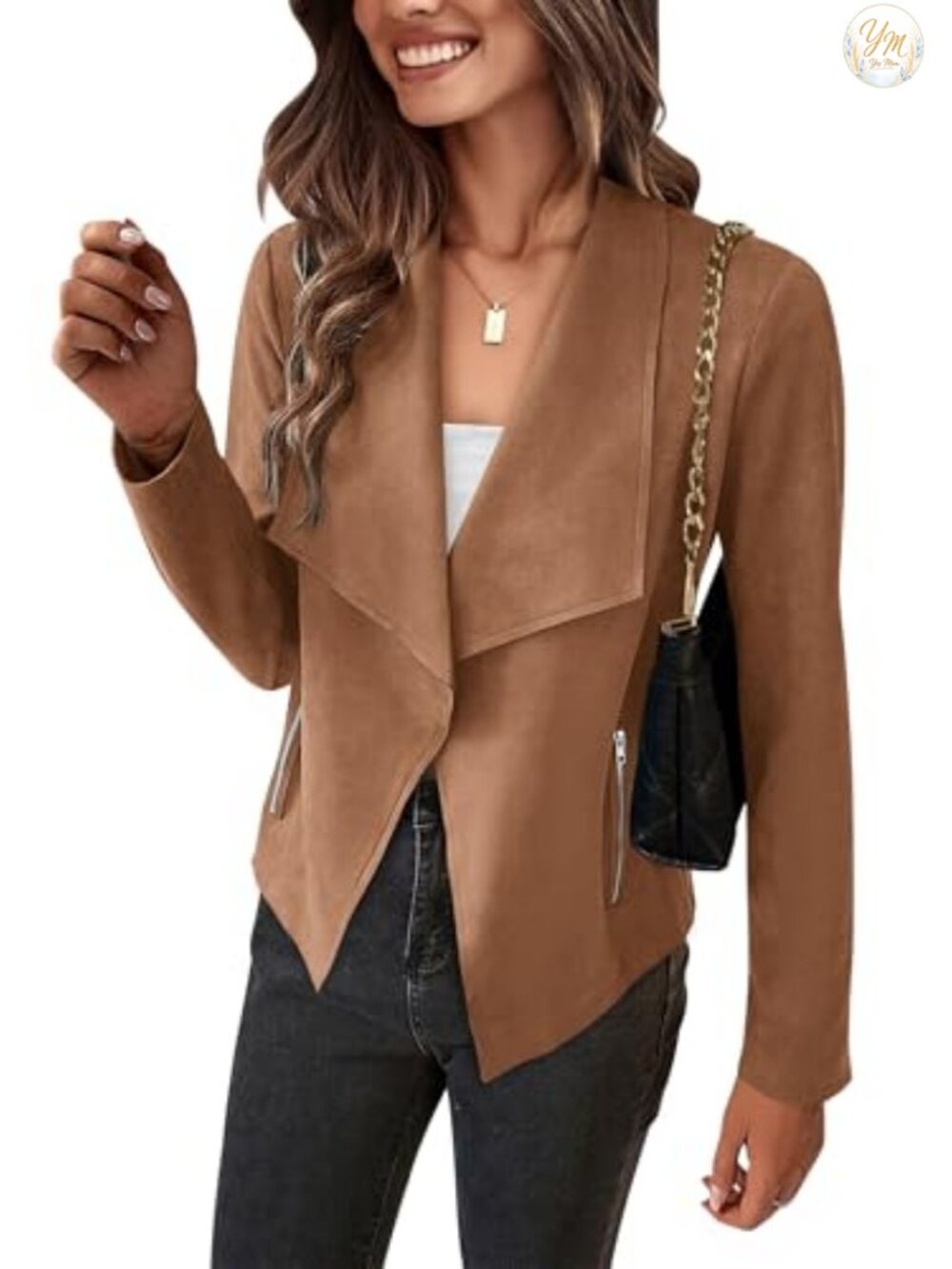 Women's Faux Suede Cropped Jacket Waterfall Collar Open Front with Pockets